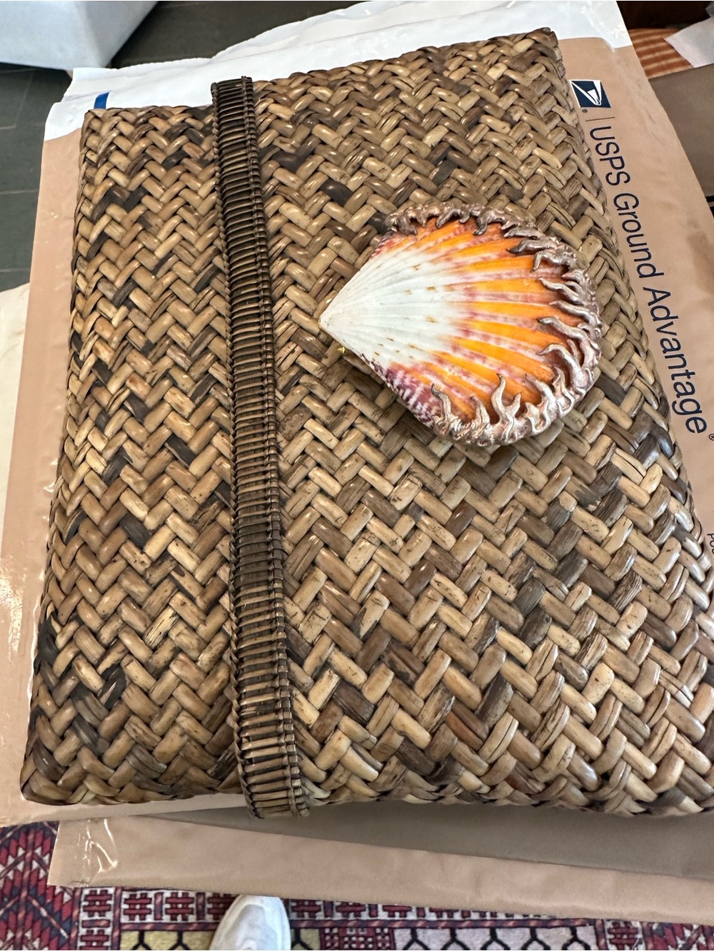 Woven Rattan Clutch with Shell Accent - Natural Brown